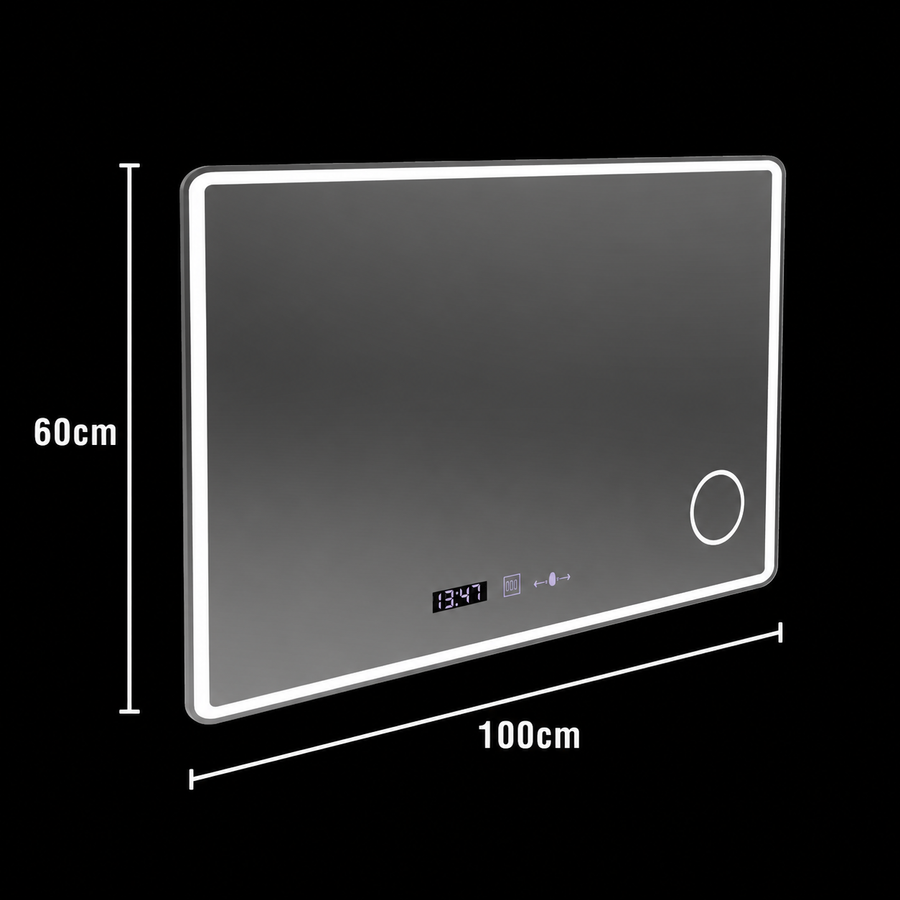 Négyszögletű LED tükör 100x60 Aura Riflesso Puro MotionGlow Marcello, Páramentesítő rendszer, Óra, Tompítható