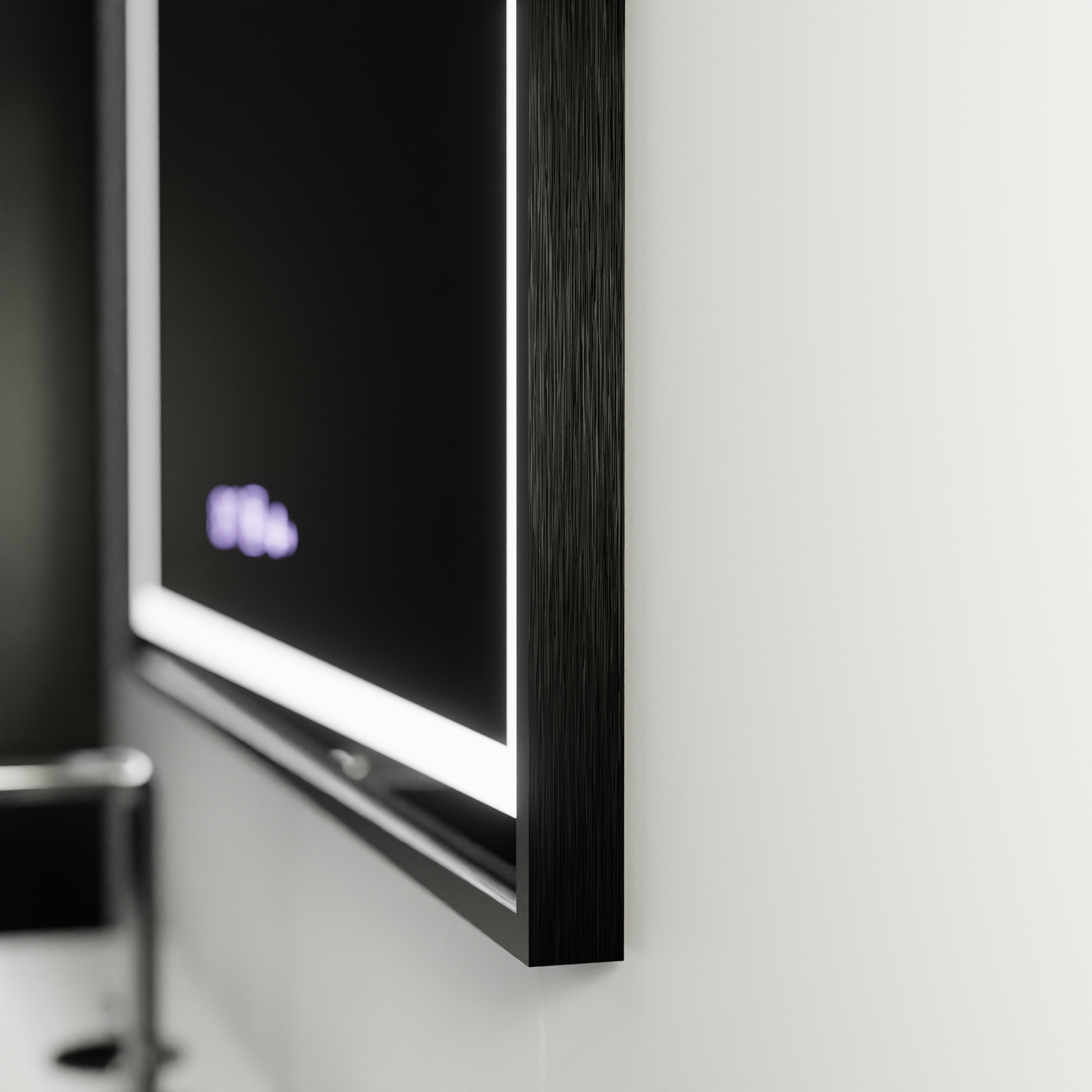 Négyszögletű LED tükör, 100x80 cm, Verite Majeste Noir MotionGlow Marcello, páramentesítő rendszer, óra és hőmérő, szabályozható tükrök Marcello alapértelmezett cím Alessandro Design