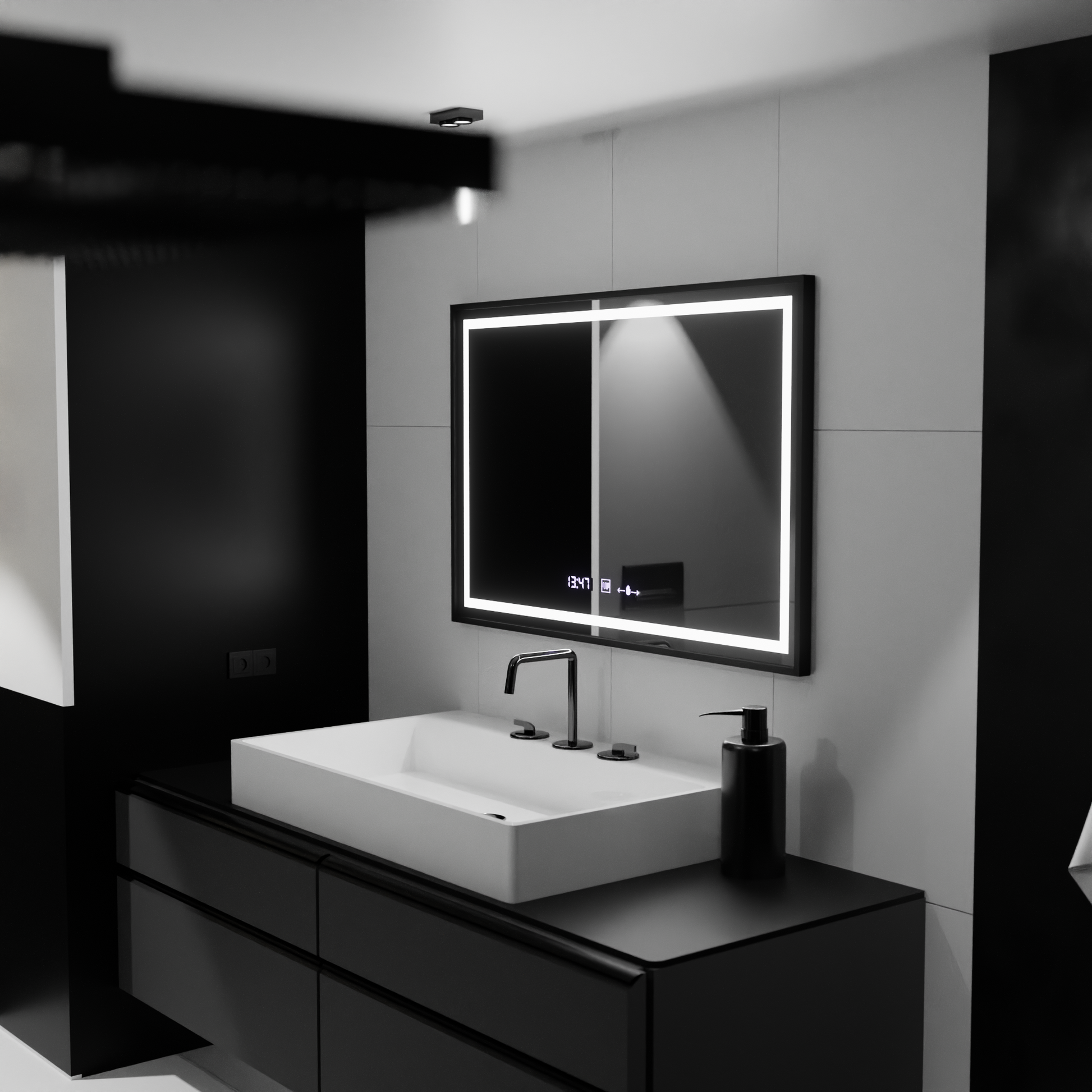 Négyszögletű LED tükör, 100x80 cm, Verite Majeste Noir MotionGlow Marcello, páramentesítő rendszer, óra és hőmérő, szabályozható tükrök Marcello alapértelmezett cím Alessandro Design