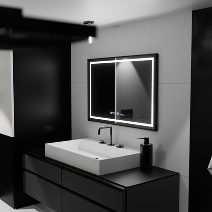 Négyszögletű LED tükör, 100x80 cm, Verite Majeste Noir MotionGlow Marcello, páramentesítő rendszer, óra és hőmérő, szabályozható tükrök Marcello alapértelmezett cím Alessandro Design