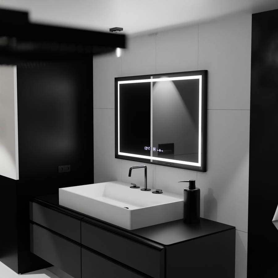 Négyszögletű LED tükör, 100x80 cm, Verite Majeste Noir MotionGlow Marcello, páramentesítő rendszer, óra és hőmérő, szabályozható tükrök Marcello alapértelmezett cím Alessandro Design