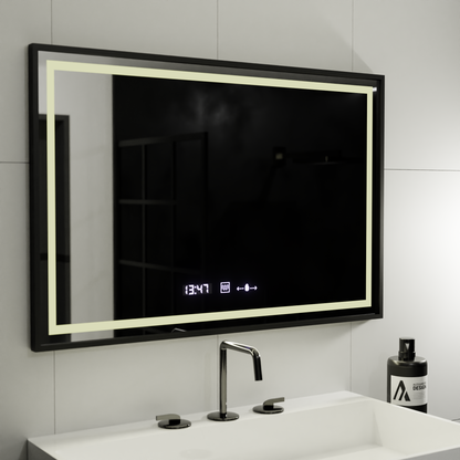 Négyszögletű LED tükör, 100x80 cm, Verite Majeste Noir MotionGlow Marcello, páramentesítő rendszer, óra és hőmérő, szabályozható tükrök Marcello alapértelmezett cím Alessandro Design