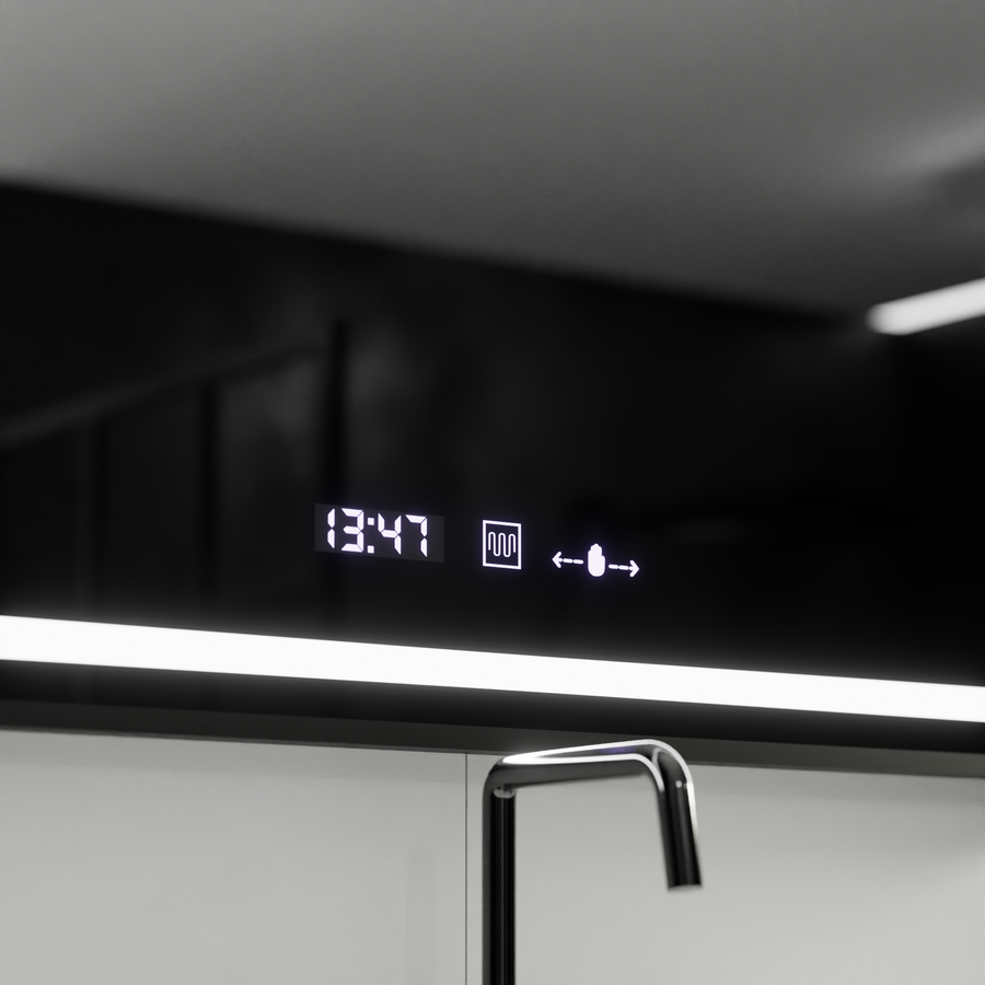 Négyszögletű LED tükör, 100x80 cm, Verite Majeste Noir MotionGlow Marcello, páramentesítő rendszer, óra és hőmérő, szabályozható tükrök Marcello alapértelmezett cím Alessandro Design