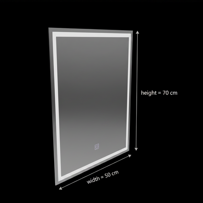 Téglalap alakú LED -tükör, 50x70 cm, keret alapvető érintés