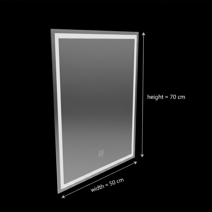 Téglalap alakú LED -tükör, 50x70 cm, keret alapvető érintés