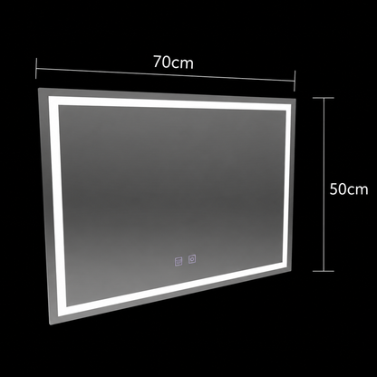 Négyszögletű LED-es tükör, 70x50cm, RADIANTE Touch, Páramentesítő rendszer, Tompítható