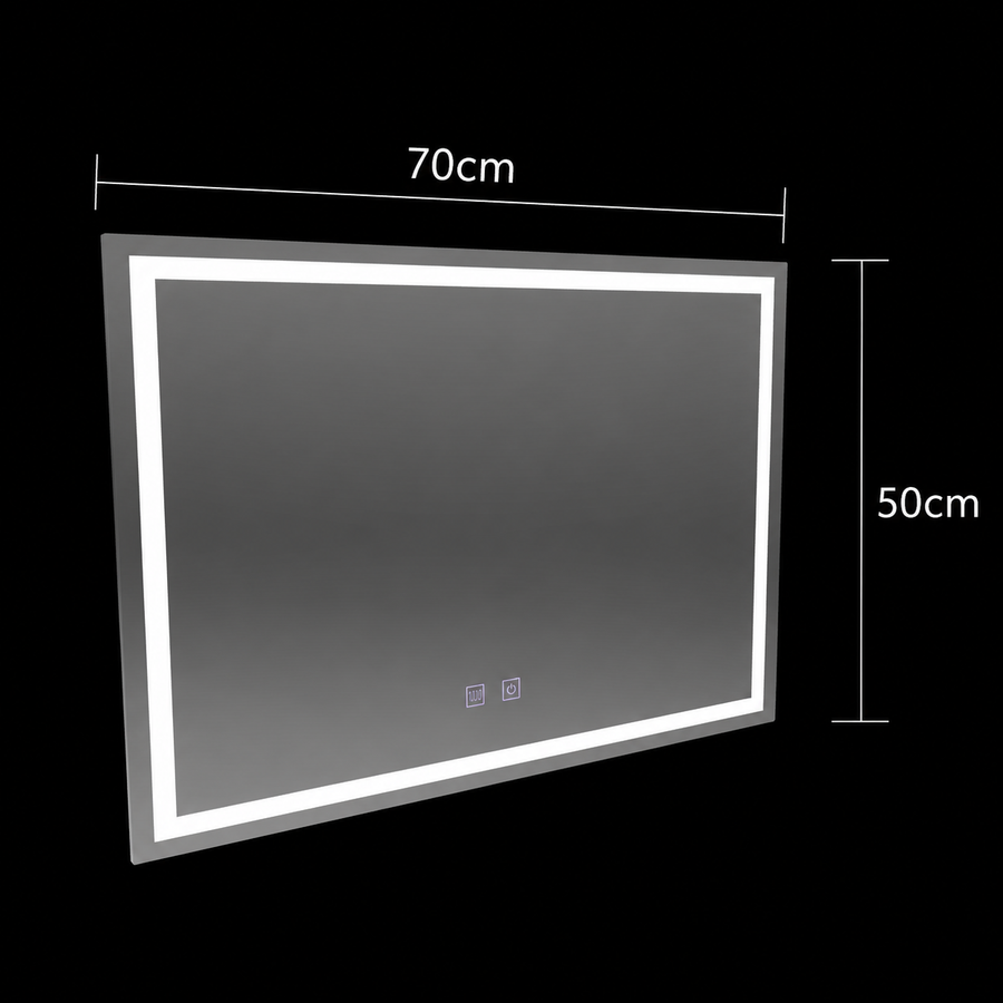 Négyszögletű LED-es tükör, 70x50cm, RADIANTE Touch, Páramentesítő rendszer, Tompítható