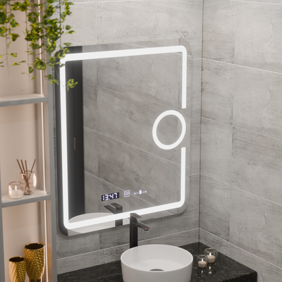 Téglalap alakú LED tükör, 75x90 cm, Eclat MotionGlow Marcello, Páramentesítő rendszer, Óra és hőmérő, Kozmetikai nagyító, szabályozható