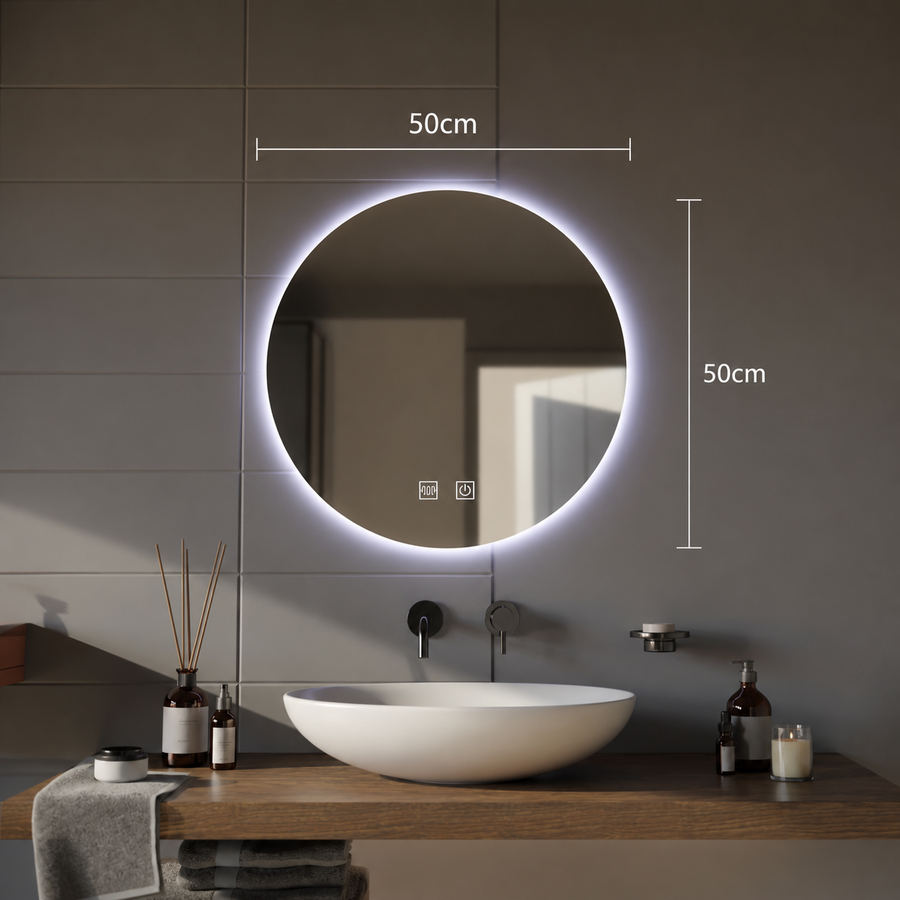 LED kerek tükör, 12W, 50cm, Isolda, Touch, páramentesítő rendszer, hideg fény 6000k