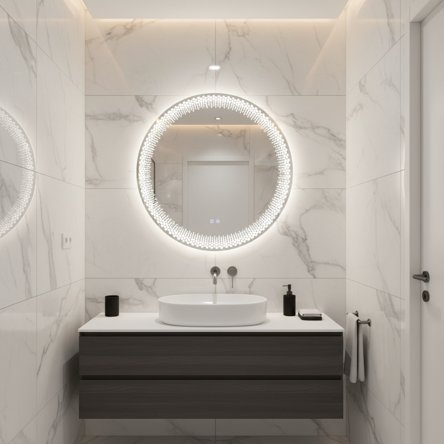 Nexos kerek LED tükör, 60 cm, 24 W, meleg/hideg/semleges fény, érzékelő, páramentesítő rendszer, óra, szabályozható