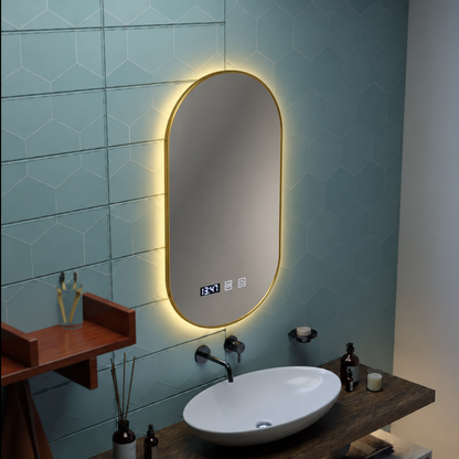 Konrad LED Touch Mirror páramentesítő rendszer, óra és hőmérséklet 50x80 cm csiszolt arany keret, meleg, semleges hideg fény 3000K/4000K/6000K