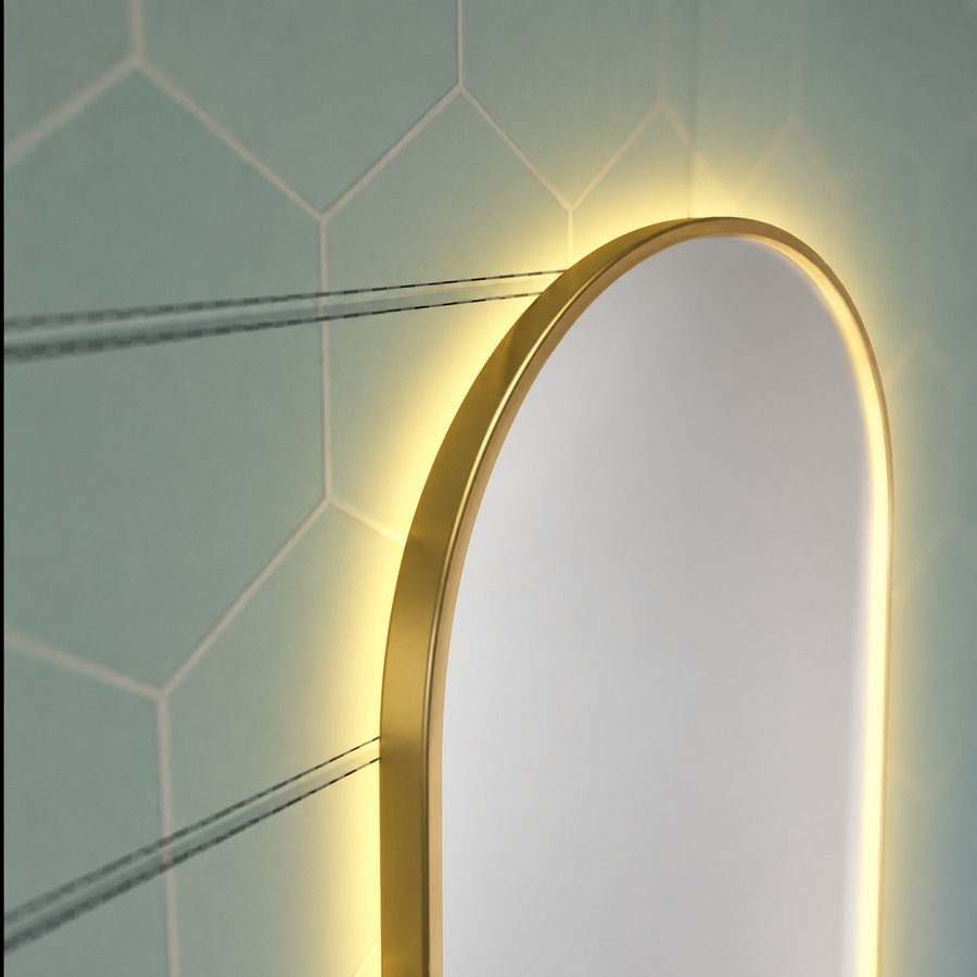 Konrad LED Touch Mirror páramentesítő rendszer, óra és hőmérséklet 50x80 cm csiszolt arany keret, meleg, semleges hideg fény 3000K/4000K/6000K