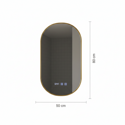 Konrad LED Touch Mirror páramentesítő rendszer, óra és hőmérséklet 50x80 cm csiszolt arany keret, meleg, semleges hideg fény 3000K/4000K/6000K