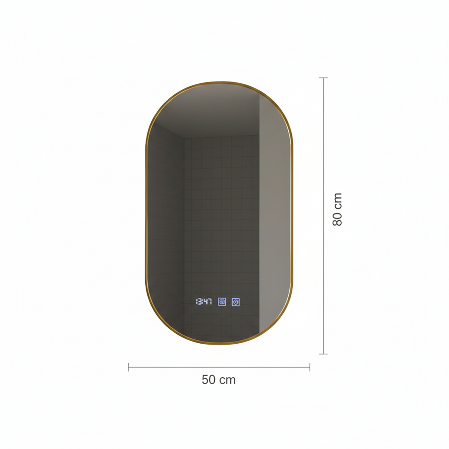 Konrad LED Touch Mirror páramentesítő rendszer, óra és hőmérséklet 50x80 cm csiszolt arany keret, meleg, semleges hideg fény 3000K/4000K/6000K