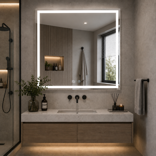 WAMOSK LED tükör, 52W, 75x90cm, fehér, érzékelő, fény 3000K, 4000K, 6000K, páramentesítő rendszer, fém, óra és hőmérséklet funkciók