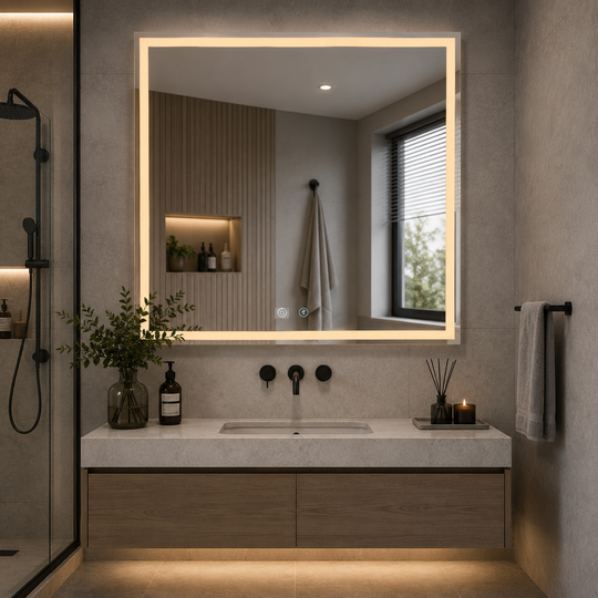 WAMOSK LED tükör, 90x70cm, arany, érzékelő, fény 3000K, 4000k, 6000k, páramentesítő rendszer, fém, óra és hőmérséklet funkciók