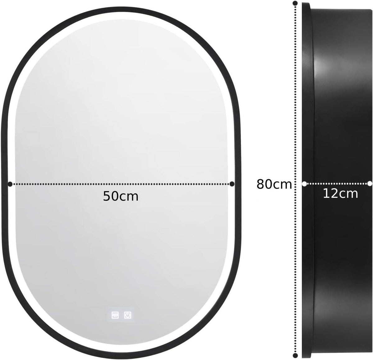 LED-es tükör szekrényekkel, ovális, 50x80 cm, páramentes, hideg/meleg/semleges fény, fekete keret, tárolóhelyiség szekrény tükrök alapértelmezett cím Alessandro Design
