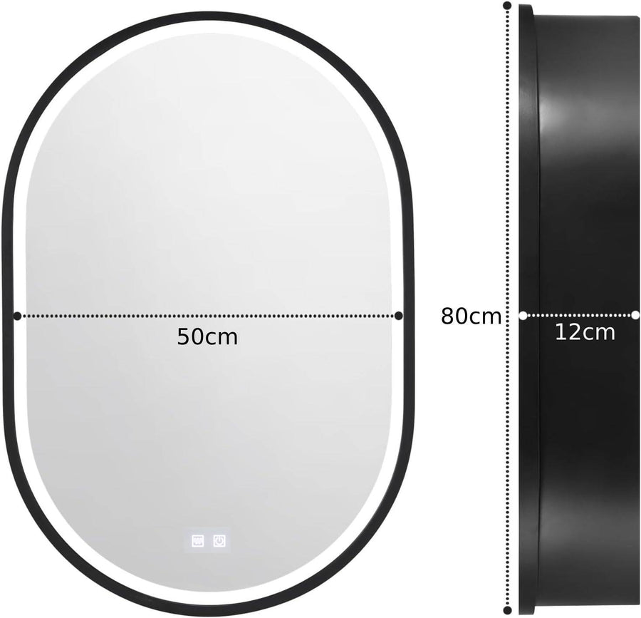 LED-es tükör szekrényekkel, ovális, 50x80 cm, páramentes, hideg/meleg/semleges fény, fekete keret, tárolóhelyiség szekrény tükrök alapértelmezett cím Alessandro Design
