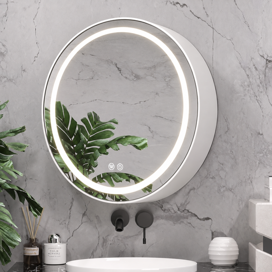 LED-es tükör szekrénnyel, kerek, 10 W, 50x50 cm, páramentes, fekete keret, tárolóhely