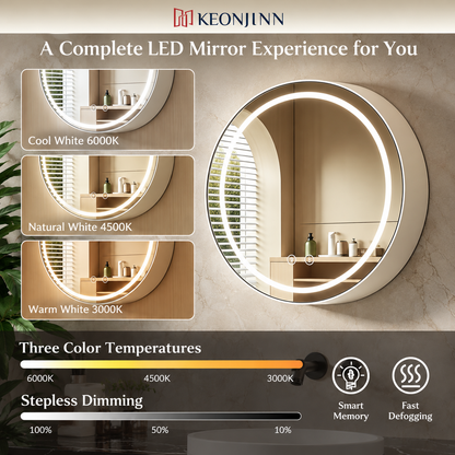 LED-es tükör szekrénnyel, kerek, 10 W, 50x50 cm, páramentes, fekete keret, tárolóhely