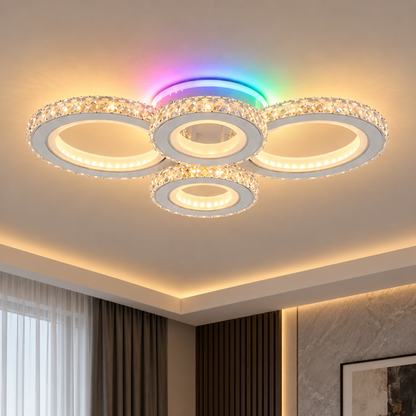 LED mennyezeti lámpa távirányítóval és kristály NOVA ROTONDA RGB 82W, 4 kör, hideg/meleg/semleges fény, szabályozható, fehér