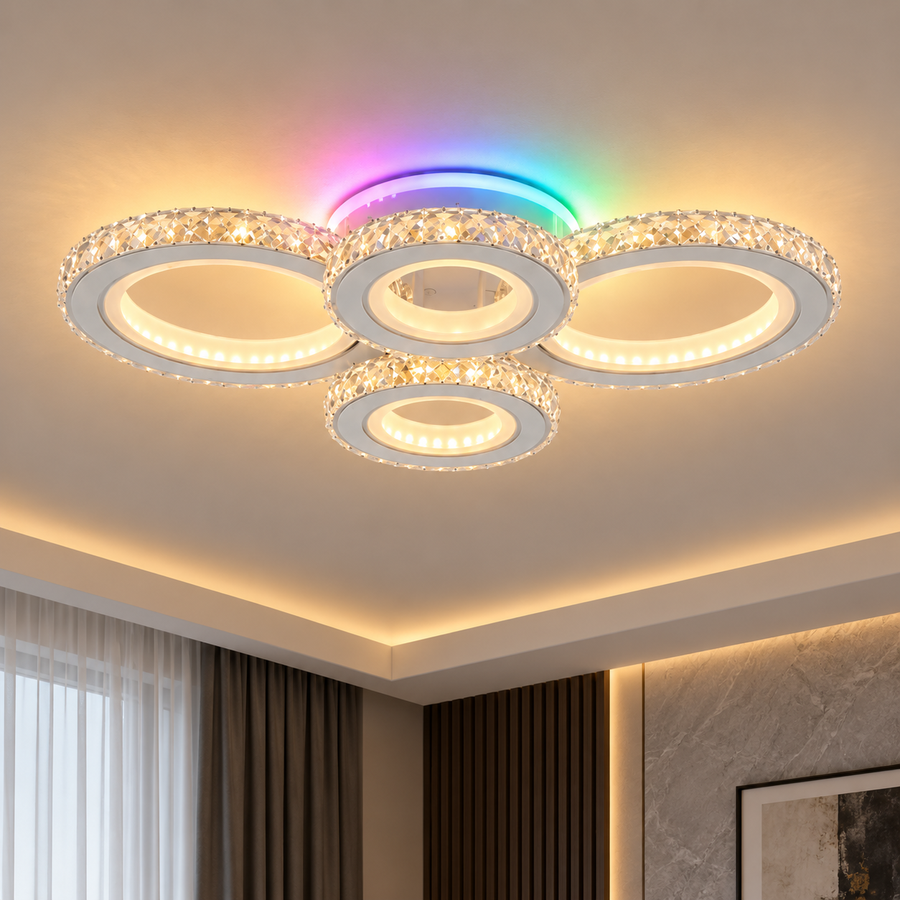 LED mennyezeti lámpa távirányítóval és kristály NOVA ROTONDA RGB 82W, 4 kör, hideg/meleg/semleges fény, szabályozható, fehér