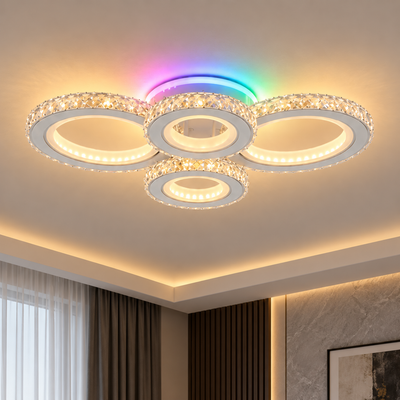 LED mennyezeti lámpa távirányítóval és kristály NOVA ROTONDA RGB 82W, 4 kör, hideg/meleg/semleges fény, szabályozható, fehér