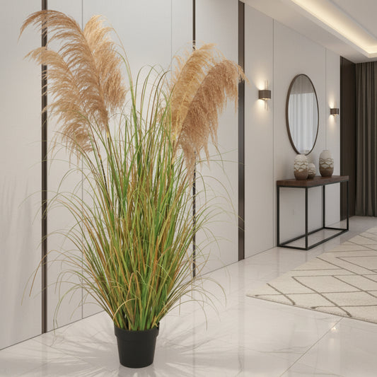 Aranjament decorativ cu 7 fire, 170cm, Stuf Artificial si Iarba, Verde Tomnal