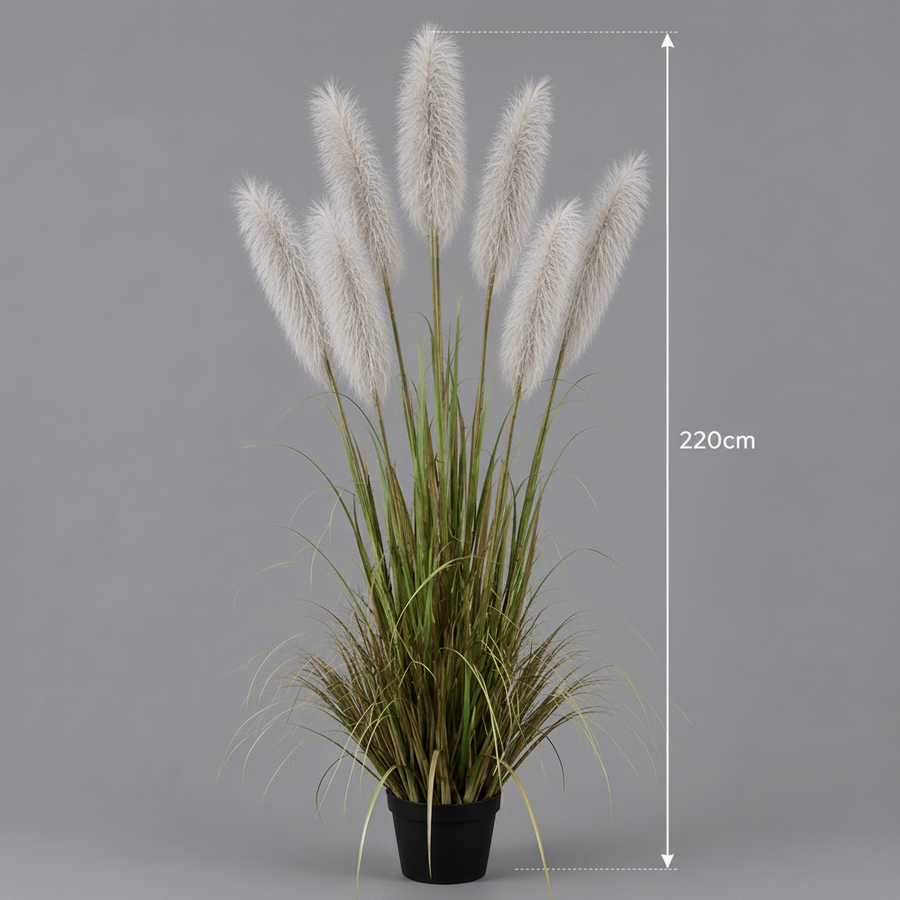 Mesterséges növényi díszfű, 220 cm, 7 szál, Reed sj fű, zöld és szürke, cserép nélkül