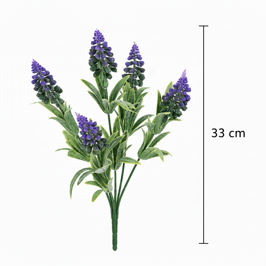 Mesterséges növény, dekoratív levendula virág, 5 ág, 33 cm, lila és zöld, 2 darabos készlet