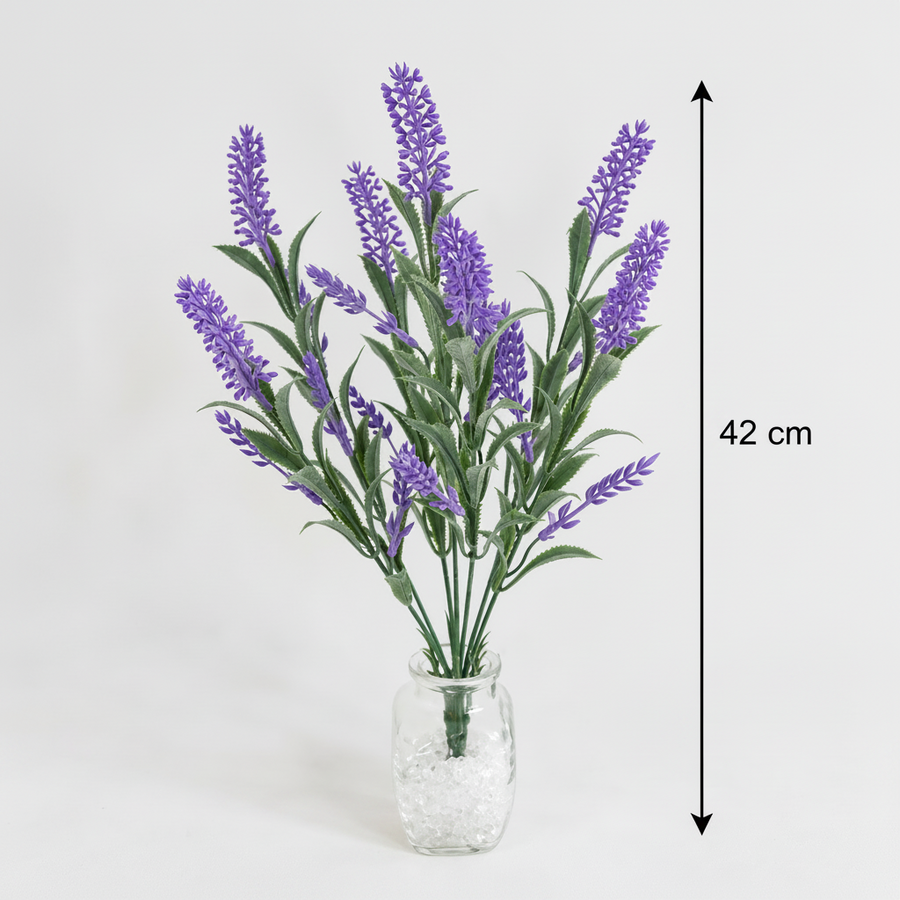 Mesterséges növény, dekoratív levendula virág, 7 ág, 42 cm, lila és zöld, 2 darabos készlet