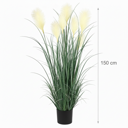 Mesterséges növényi díszfű, 150 cm, 7 dróttal, nád és fű, zöld-fehér, cserép nélkül