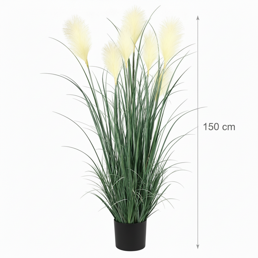 Mesterséges növényi díszfű, 150 cm, 7 dróttal, nád és fű, zöld-fehér, cserép nélkül