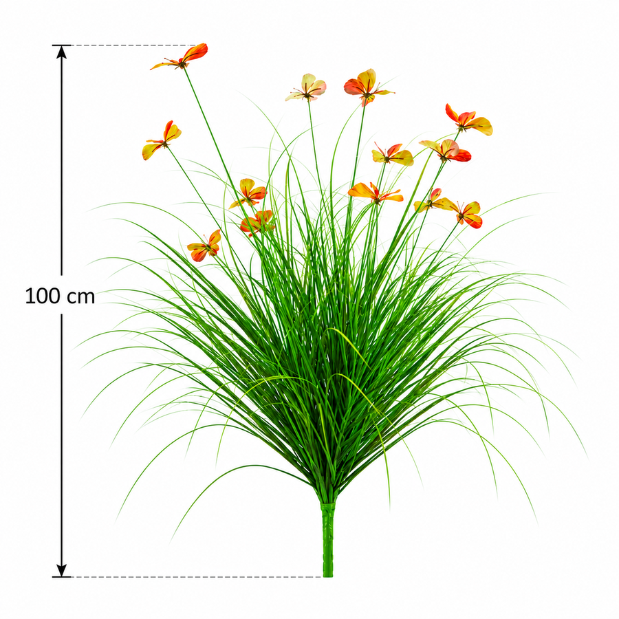 Mesterséges pillangófű dísznövény, 100 cm, 13 virággal, zöld és piros, cserép nélkül