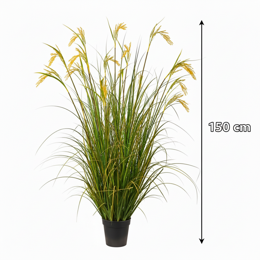 Mesterséges növényi díszfüves rizs fűszertípus, 150 cm, 17 dróttal, zöld és sárga, cserepek nélkül