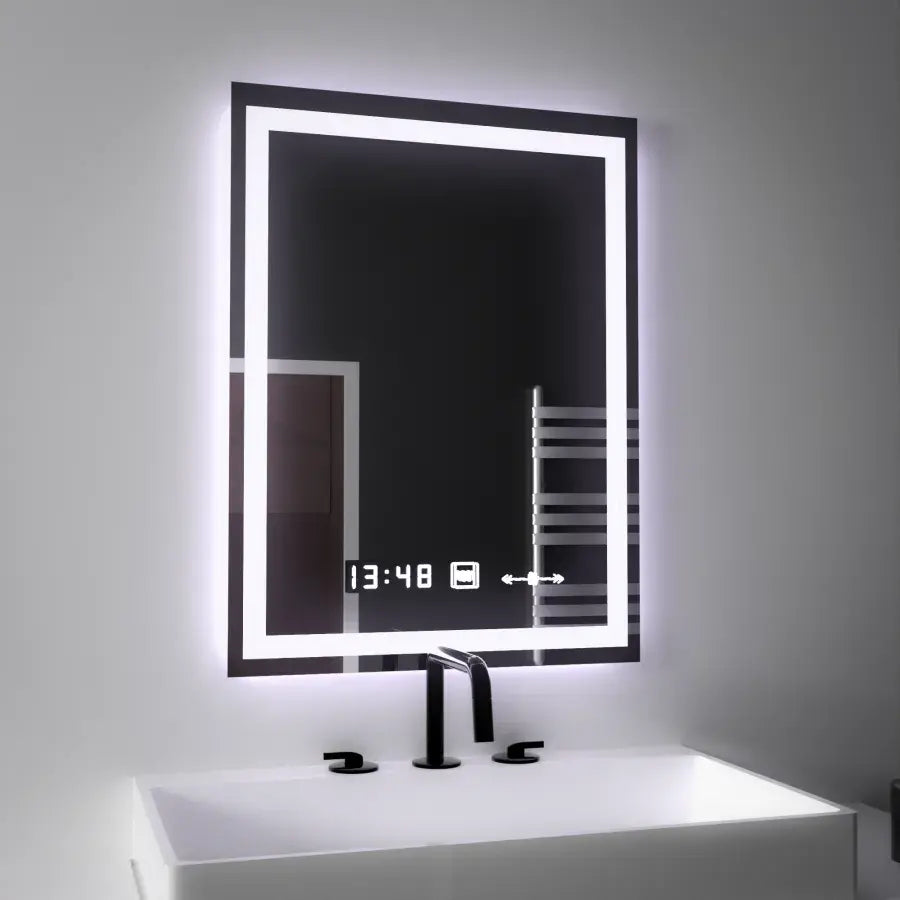 Téglalap alakú LED -tükör, 45x60 cm, Verite MotionGlow Marcello, helyettes rendszer, óra és hőmérő, dimálható