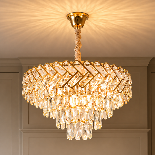 Kristály csillár VECTOR Elegance 8xE14, átmérő 48 cm, fényes arany, állítható magasságú, fém és kristály