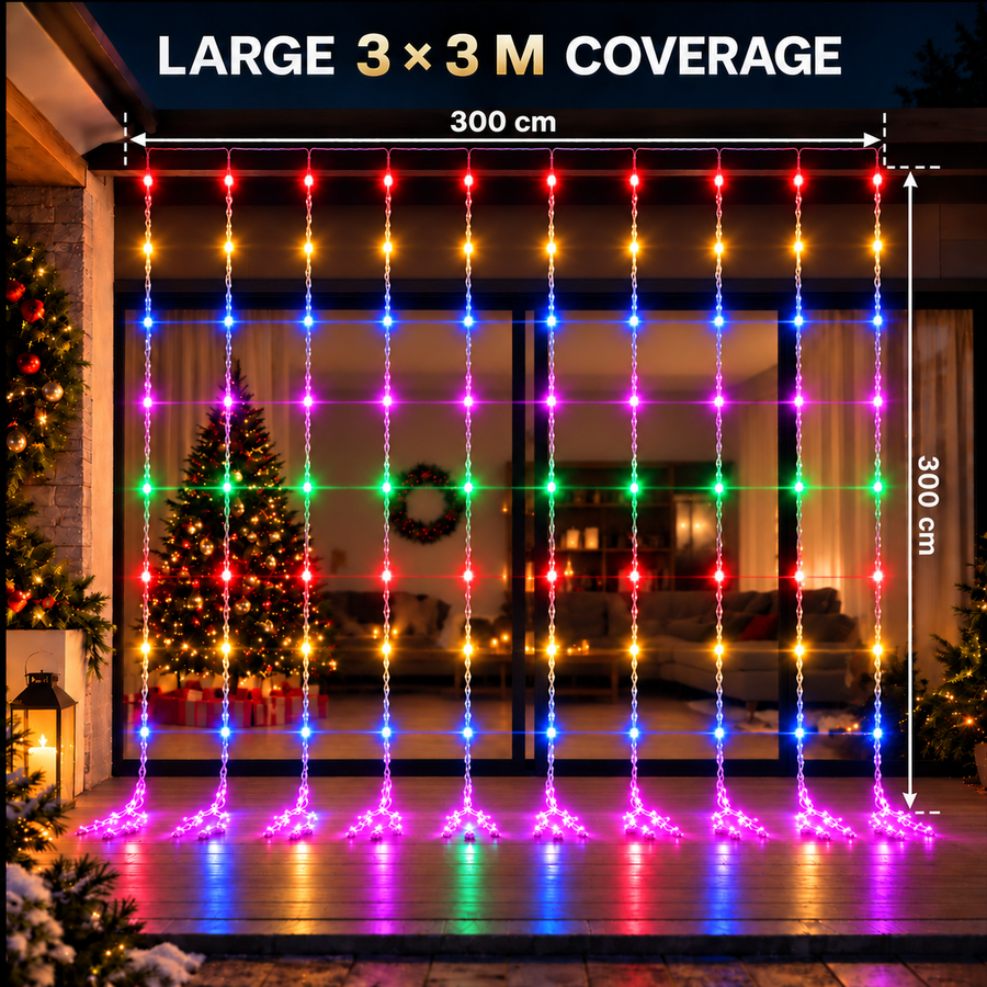 Eső típusú karácsonyi telepítés, sokszínű fény, 300 x 300 cm, 320 LED