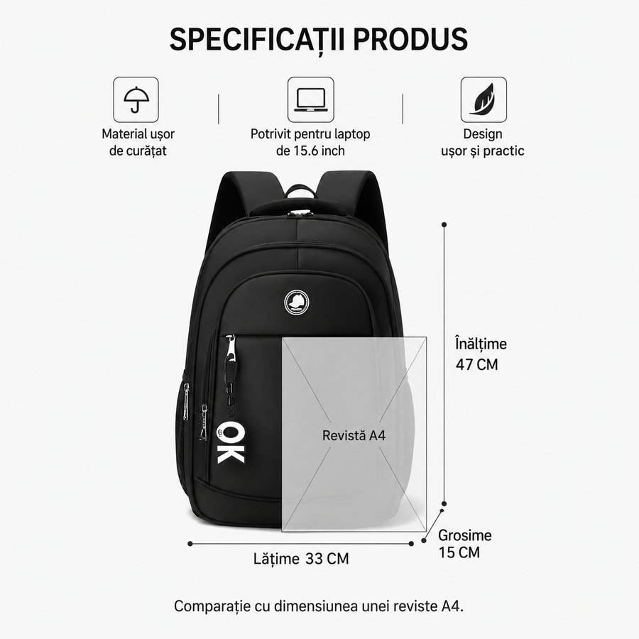 Rucsac Travel Business KANGIQLINIQ, 47x33x15 cm, Oxford, Negru si Albastru