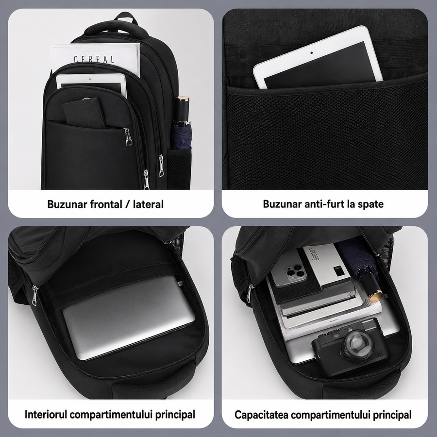 Rucsac Travel Business TALOYOAK, 47x33x15 cm, Oxford, Negru si Albastru