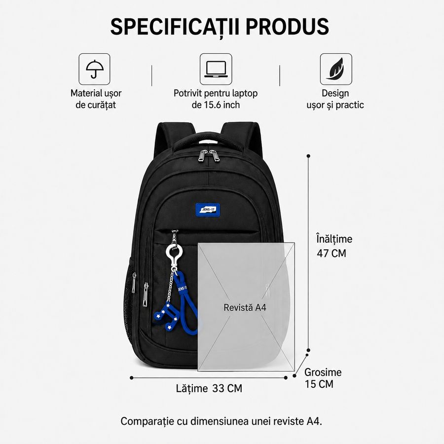 Rucsac Travel Business TALOYOAK, 47x33x15 cm, Oxford, Negru si Albastru