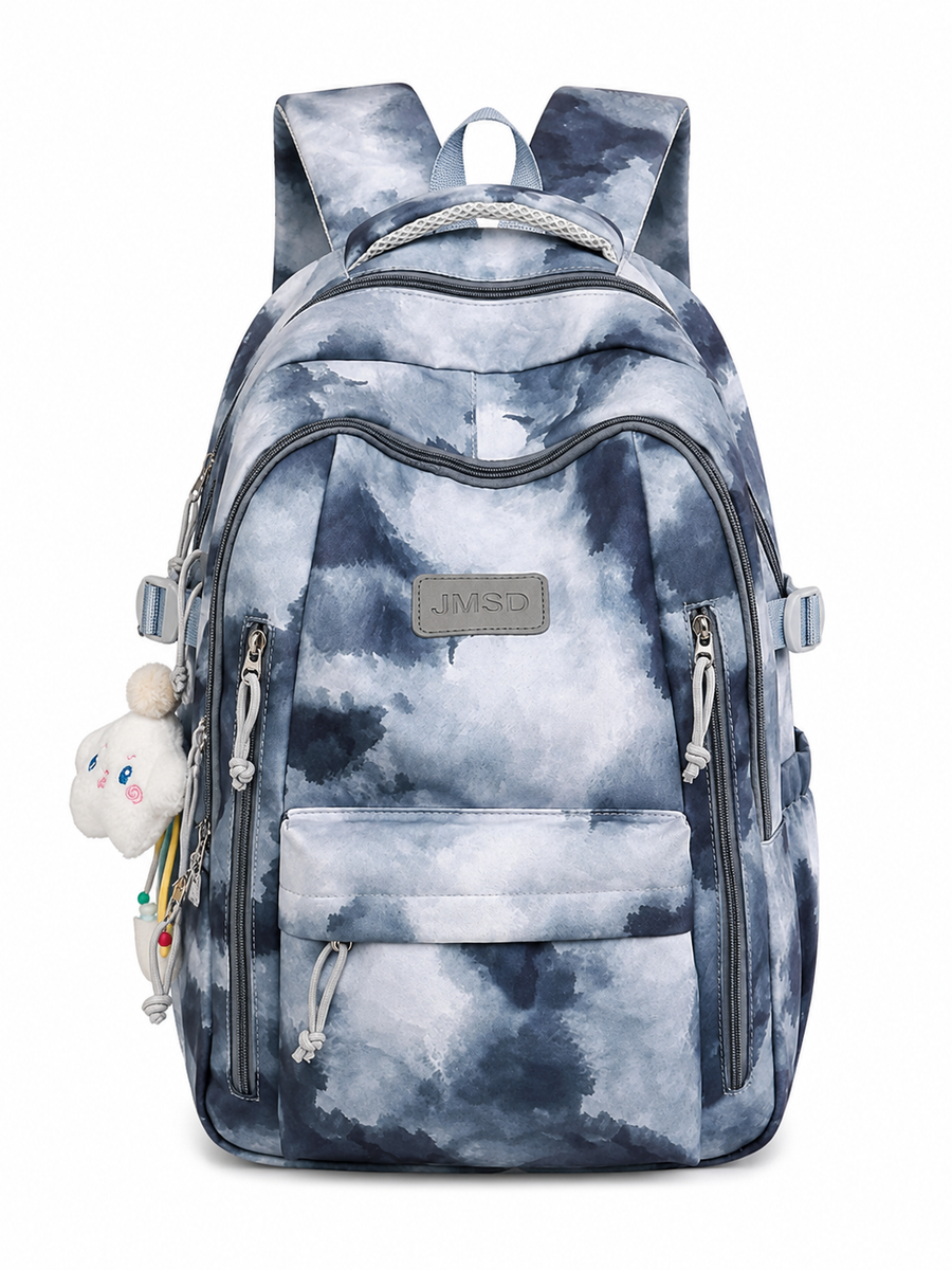 Rucsac de Scoala BAHIR DAR, 47x33x18 cm, Oxford, Gri-negru cu Imprimeu Tie-dye