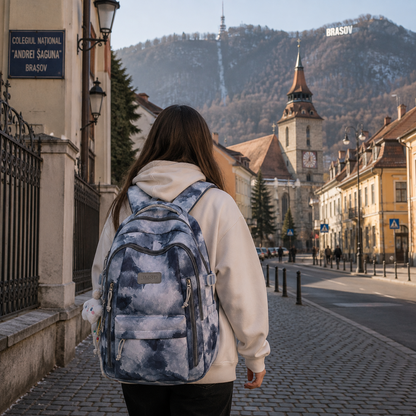 Rucsac de Scoala BAHIR DAR, 47x33x18 cm, Oxford, Gri-negru cu Imprimeu Tie-dye