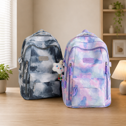 Rucsac de Scoala BAHIR DAR, 47x33x18 cm, Oxford, Roz-mov cu Imprimeu Tie-dye