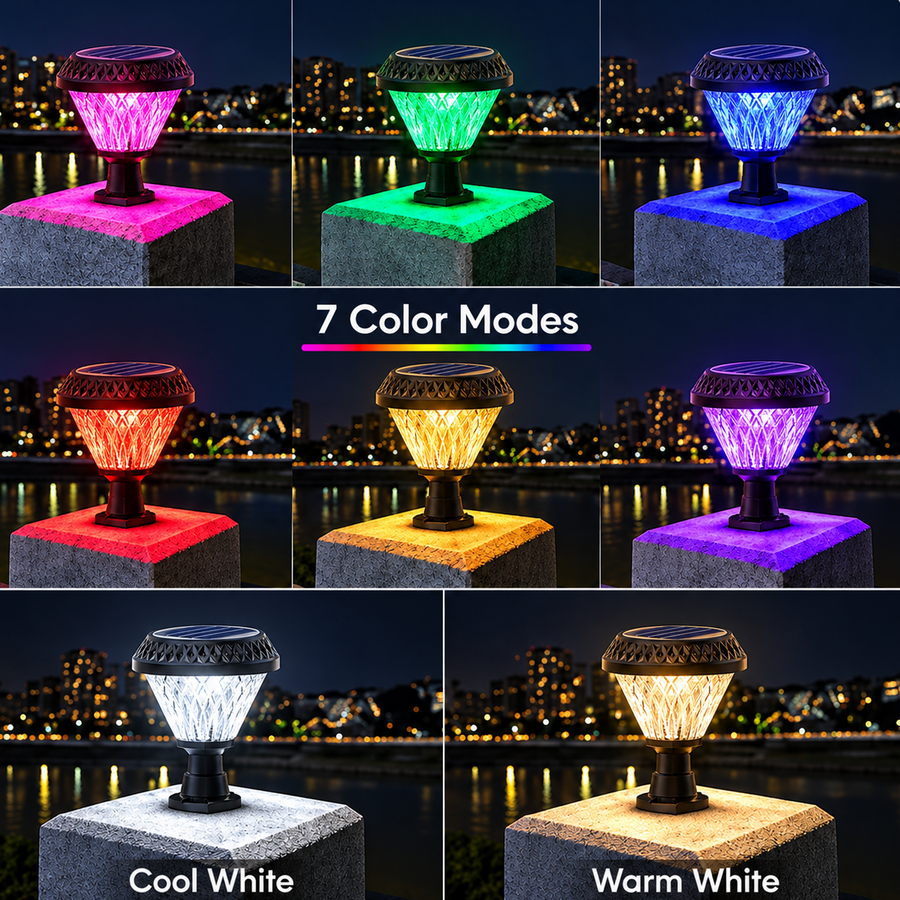 LED napelemes lámpa kültéri oszlophoz SOLEO, 8W, meleg/hideg/semleges fény + RGB, kerek forma, alumínium, fekete, szabályozható