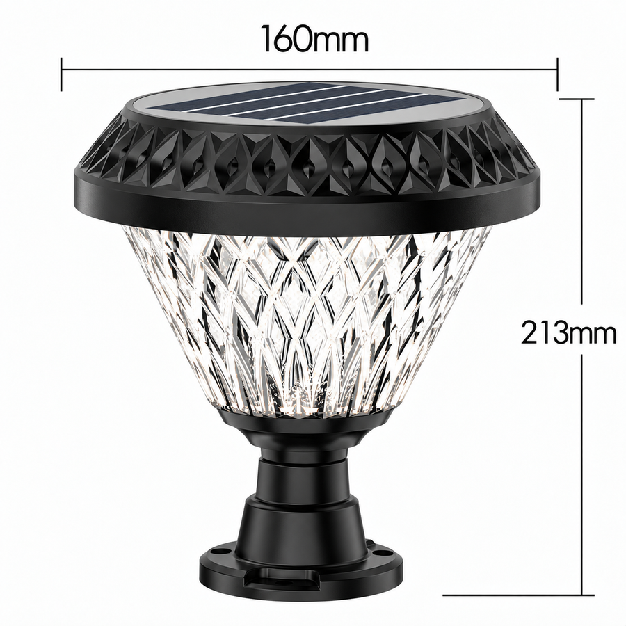 LED napelemes lámpa kültéri oszlophoz SOLEO, 8W, meleg/hideg/semleges fény + RGB, kerek forma, alumínium, fekete, szabályozható