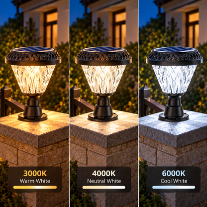LED napelemes lámpa kültéri oszlophoz SOLEO, 8W, meleg/hideg/semleges fény + RGB, kerek forma, alumínium, fekete, szabályozható