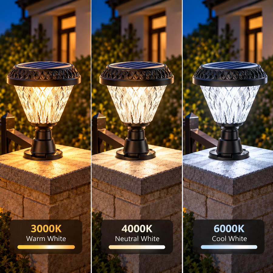 LED napelemes lámpa kültéri oszlophoz SOLEO, 8W, meleg/hideg/semleges fény + RGB, kerek forma, alumínium, fekete, szabályozható