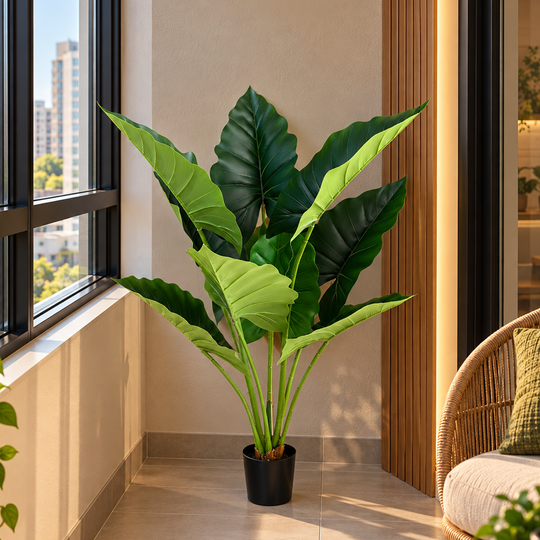 Mesterséges növénytípus alocasia, 10 levél, 120 cm, zöld