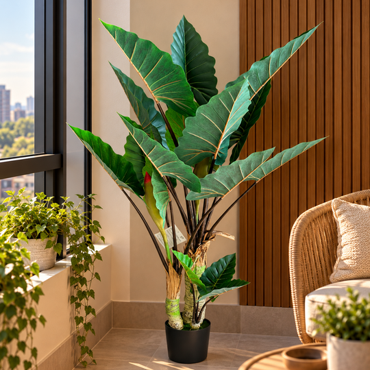 Mesterséges alocasia növény széles levelekkel, 3 törzs, 160 cm, zöld